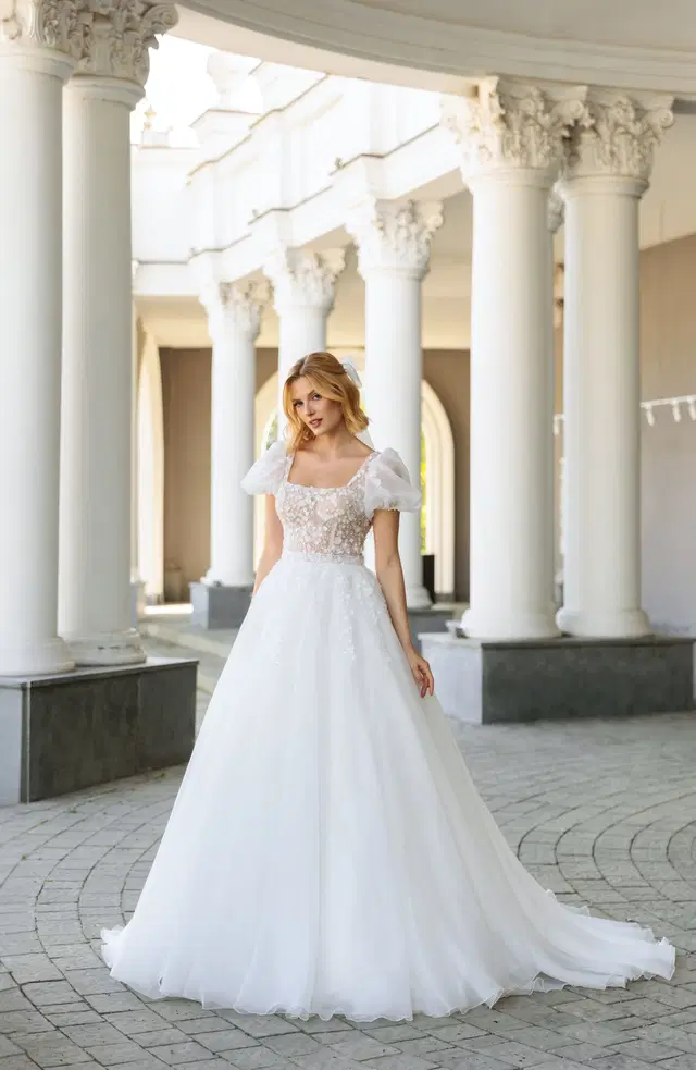 1135 by Angela Bianca: Ball Gown silhouette, square neckline, short sleeves, lace