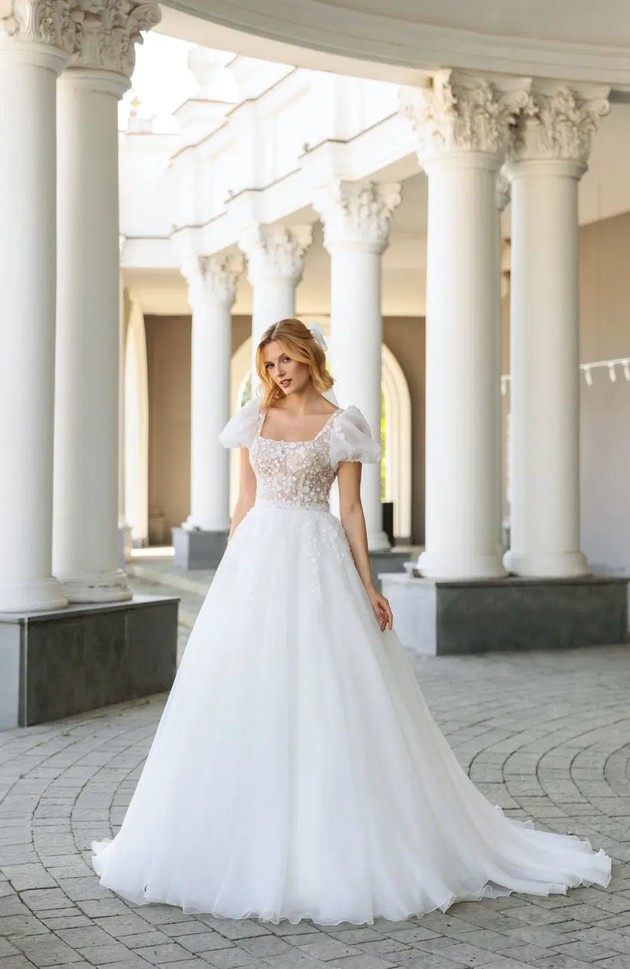 1135 by Angela Bianca: Ball Gown silhouette, square neckline, short sleeves, lace