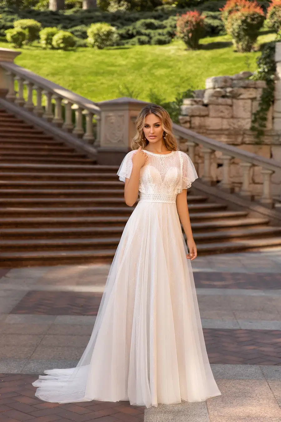 1048 by Angela Bianca: A-Line silhouette, jewel neckline, short sleeves, lace