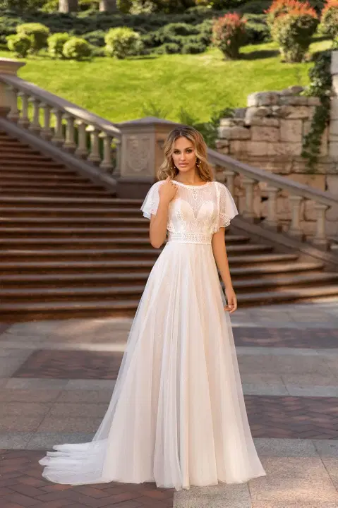 Style 1048 wedding dress by Angela Bianca, A-line, lace