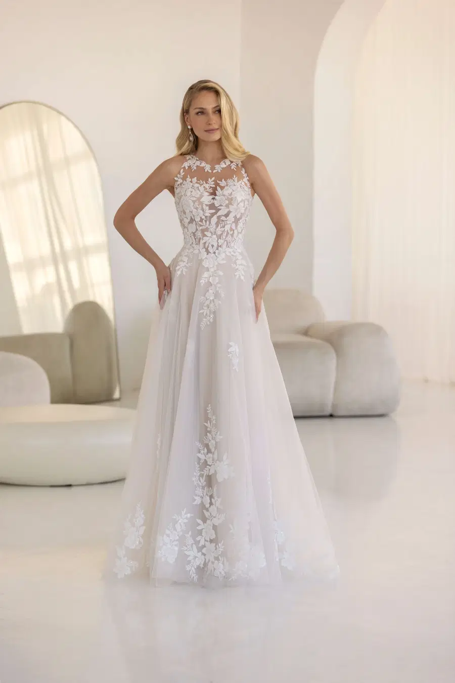 Lesina by Jarice: A-Line silhouette, high / halter neckline, sleeveless, lace