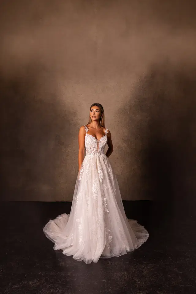 RB3231 by Rachel Allan: A-Line silhouette, lace