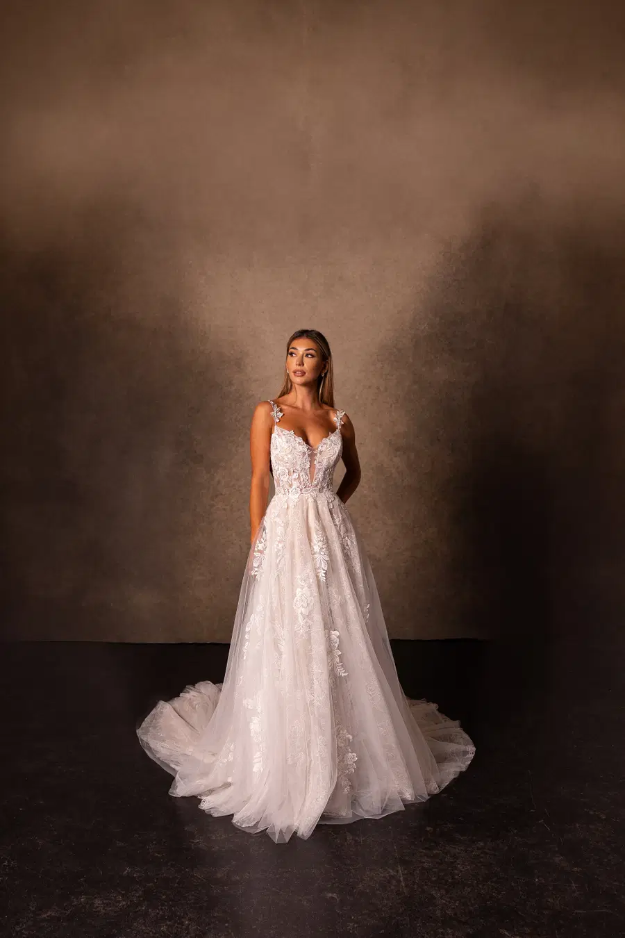 RB3231 by Rachel Allan: A-Line silhouette, lace