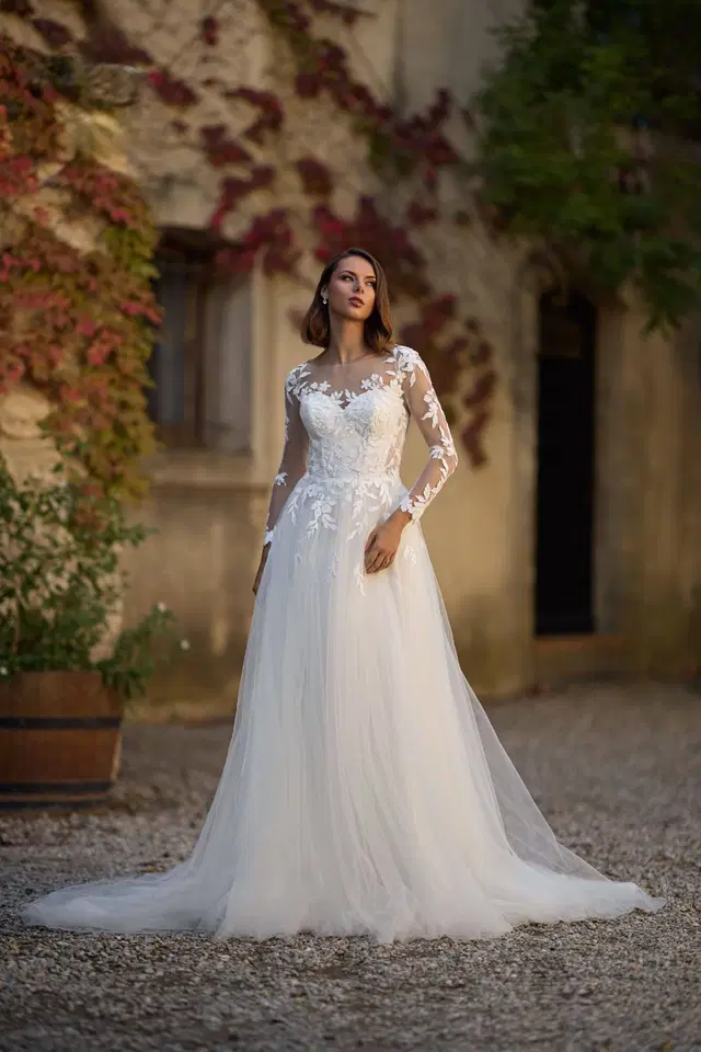 27118 by Très Chic: A-Line silhouette, illusion neckline, long sleeves, tulle