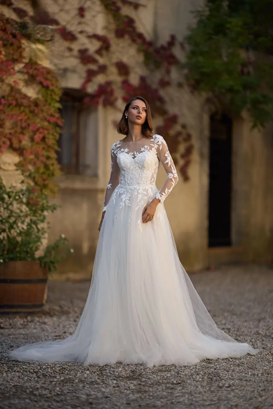 27118 by Très Chic: A-Line silhouette, illusion neckline, long sleeves, tulle