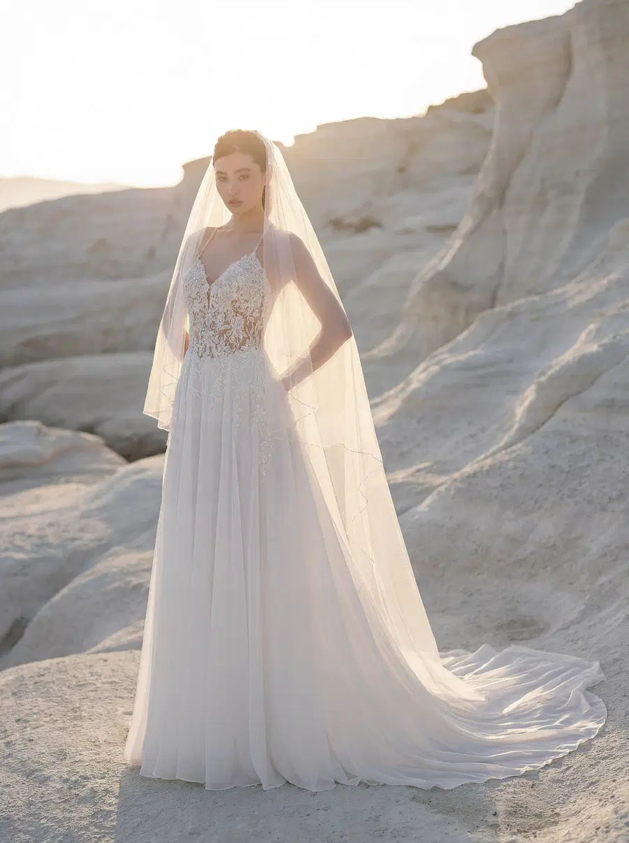 Tilda 1050030 by Mori Lee: A-Line silhouette, deep V-neck neckline, sleeveless, lace