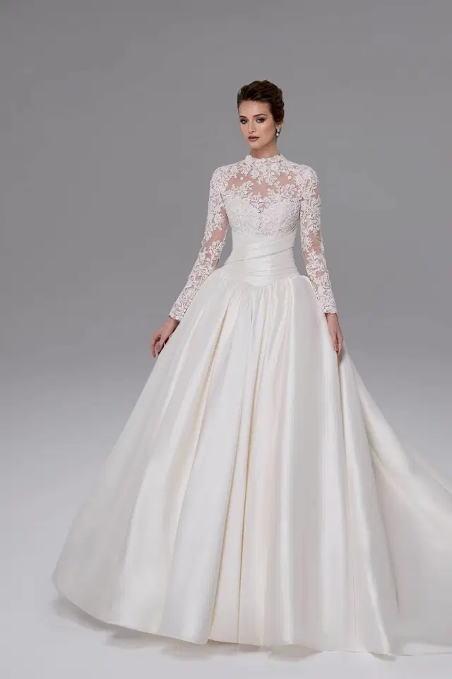 B26221 Mireya by Calla Blanche: Ball Gown silhouette, high / halter neckline, long sleeves, lace