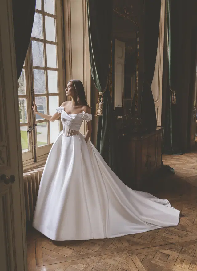 Gwendolyn by ÉLYSÉE: Ball Gown silhouette, scoop neckline, mikado, cathedral train