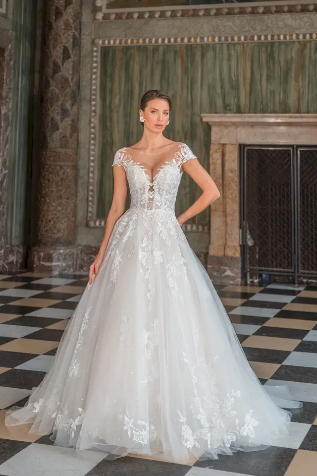 50901 by Diane Legrand: A-Line silhouette, illusion neckline, cap sleeves, lace