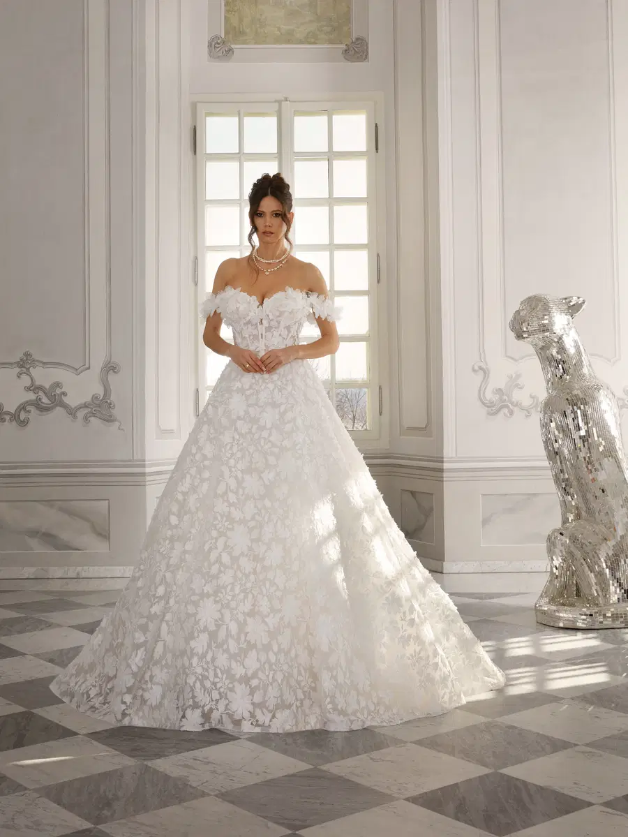Kristen by Vanilla Sposa: Ball Gown silhouette, off-shoulder neckline, lace, cathedral train