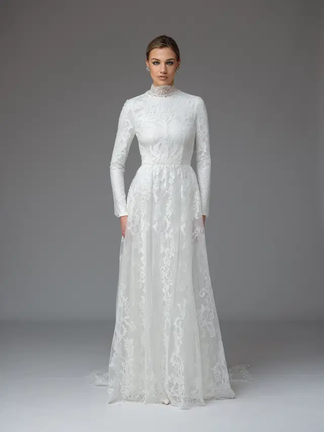 Camelia Modest by Katya Katya London: A-Line silhouette, high / halter neckline, long sleeves, lace