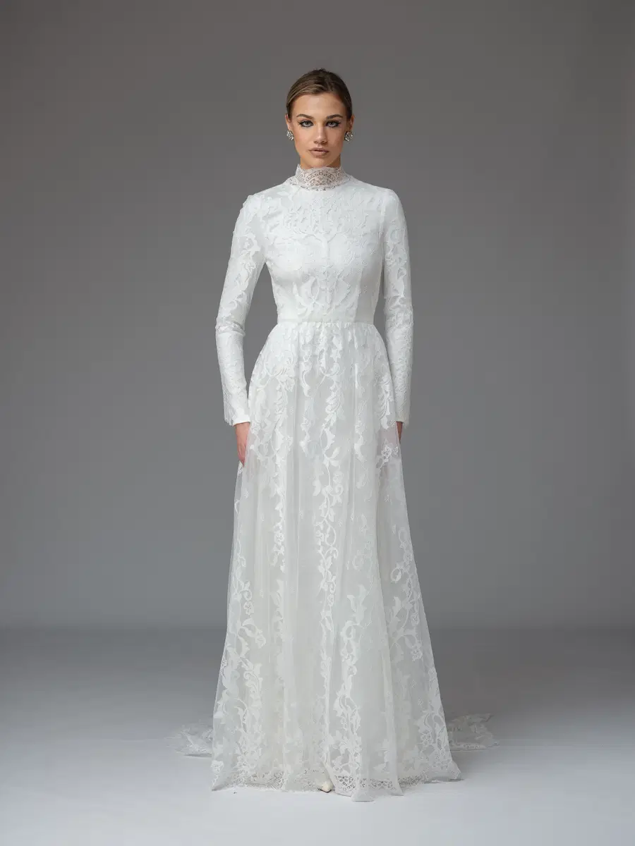 Camelia Modest by Katya Katya London: A-Line silhouette, high / halter neckline, long sleeves, lace