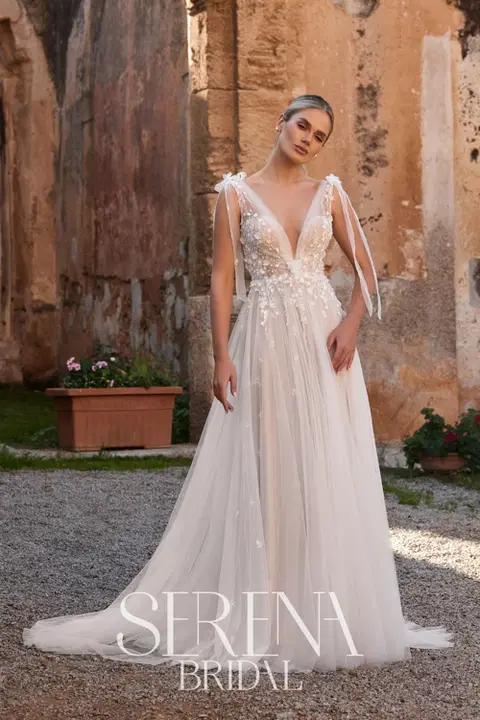 S5587 Yasmin wedding dress by Serena Bridal, A-line, lace