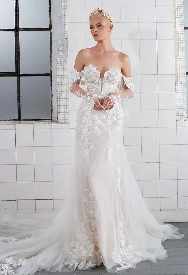 Lane by Avenue by Josephine Scott: Mermaid silhouette, deep V-neck neckline, long sleeves, lace