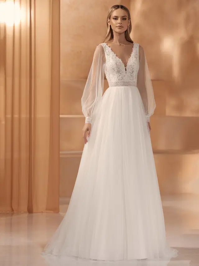 TANISHA by Bianco Evento: A-Line silhouette, V-neck neckline, long sleeves, tulle
