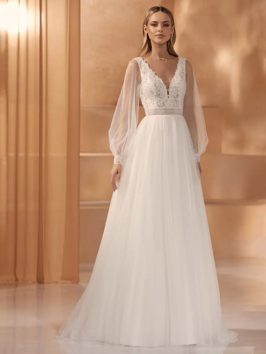 TANISHA by Bianco Evento: A-Line silhouette, V-neck neckline, long sleeves, tulle