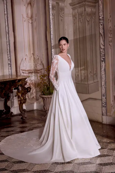 Lisbeth wedding dress by Justin Alexander, A-line, satin