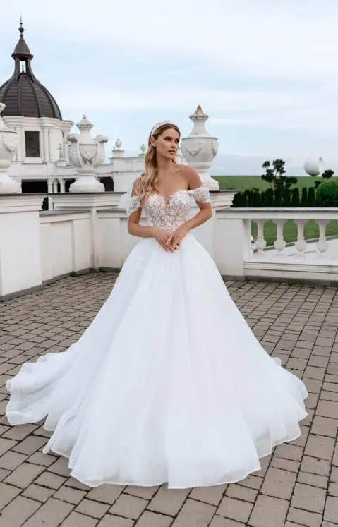 Style 5573 wedding dress by Serena Bridal, ball gown, lace