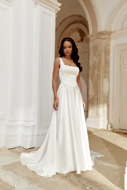 Style 44548 wedding dress by Sincerity Bridal, A-line, square