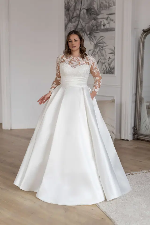 Gusta by Jarice: Ball Gown silhouette, scoop neckline, long sleeves, mikado
