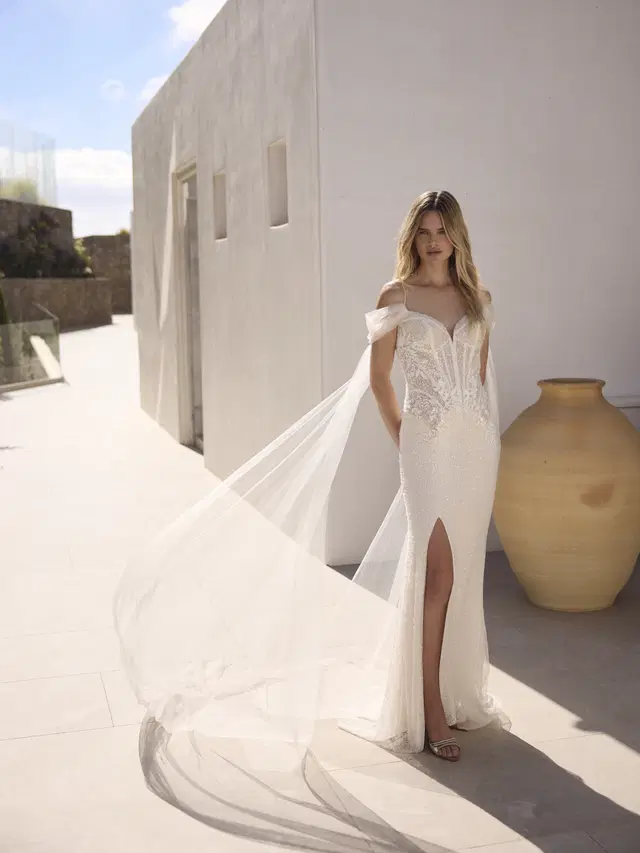 Imala by Modeca Bridal: Fit & Flare silhouette, sweetheart neckline, separate sleeves, lace