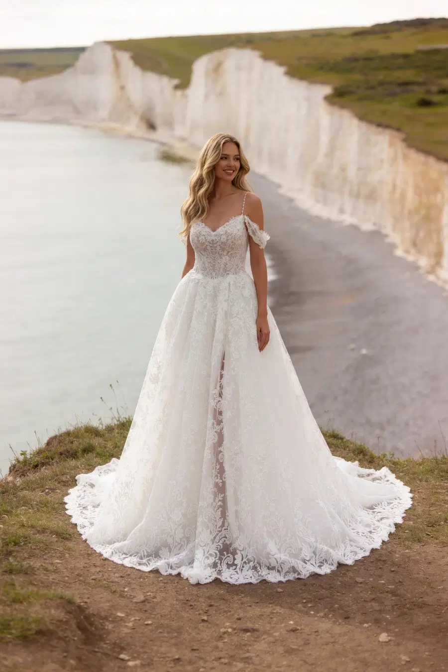 A103 Aurelia by Aveline: Princess silhouette, V-neck neckline, lace