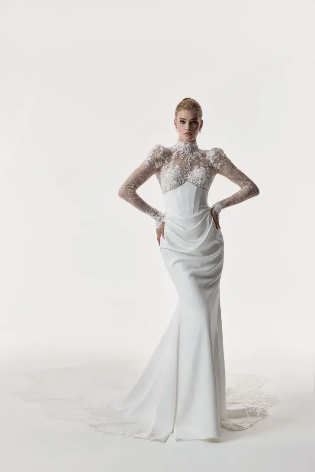 Angelica by Josephine Scott: Trumpet silhouette, high / halter neckline, long sleeves, crepe