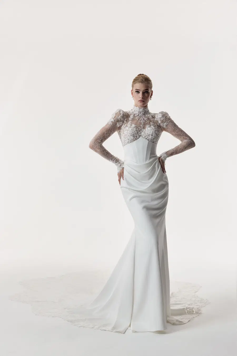 Angelica by Josephine Scott: Trumpet silhouette, high / halter neckline, long sleeves, crepe
