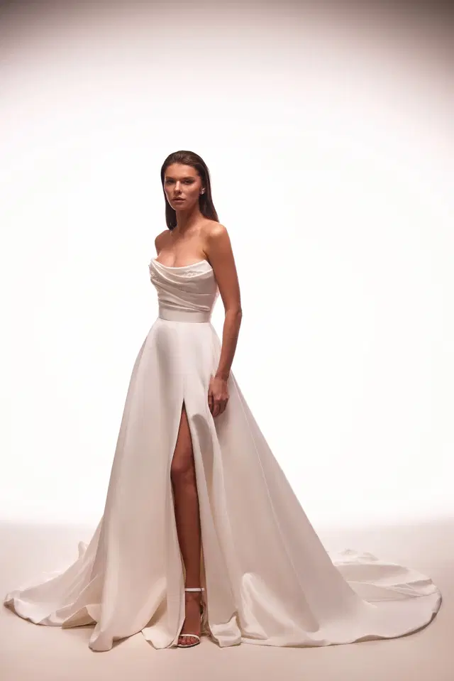 Cesara by Milla Nova: A-Line silhouette, straight neckline, sleeveless, satin