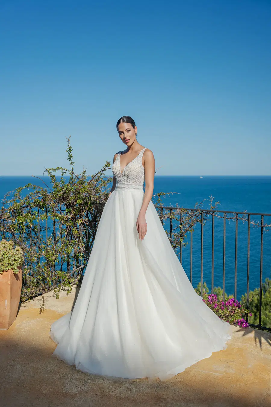 MGB134 by Miss Beautiful Bride: Ball Gown silhouette, deep V-neck neckline, sleeveless, tulle