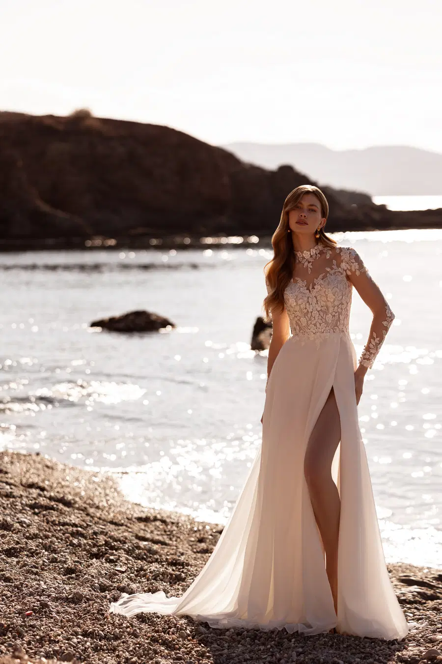 DR427 by Demetrios: Straight silhouette, high / halter neckline, long sleeves, chiffon