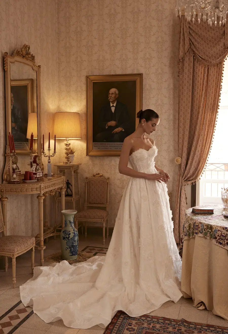 Margrethe 25-010 by Ricca Sposa Atelier: A-Line silhouette, sweetheart neckline, detachable sleeves, lace
