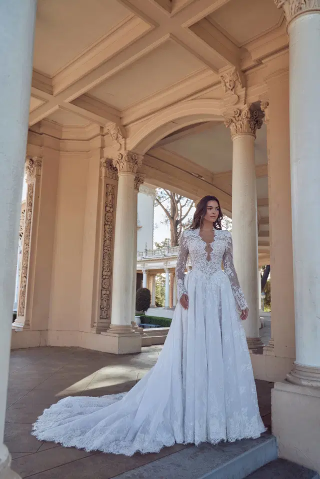 126255 Louisa by Calla Blanche: A-Line silhouette, deep V-neck neckline, long sleeves, lace