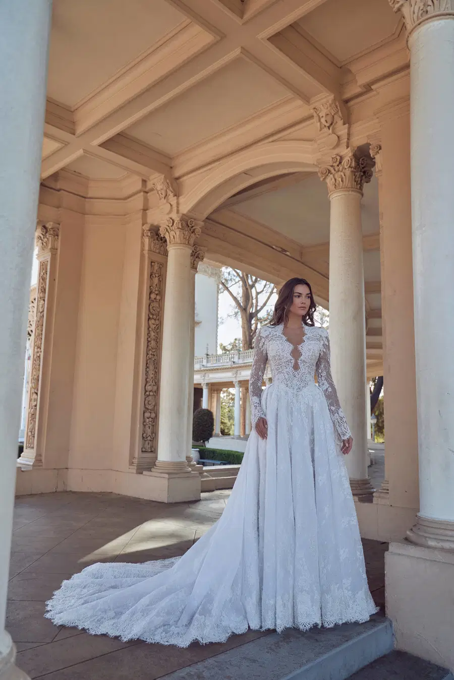 126255 Louisa by Calla Blanche: A-Line silhouette, deep V-neck neckline, long sleeves, lace