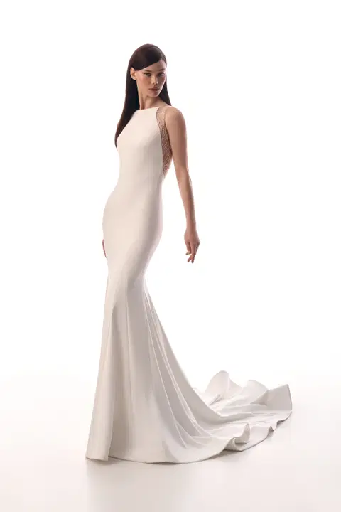 Ivie wedding dress by Innocentia, fit & flare, crepe