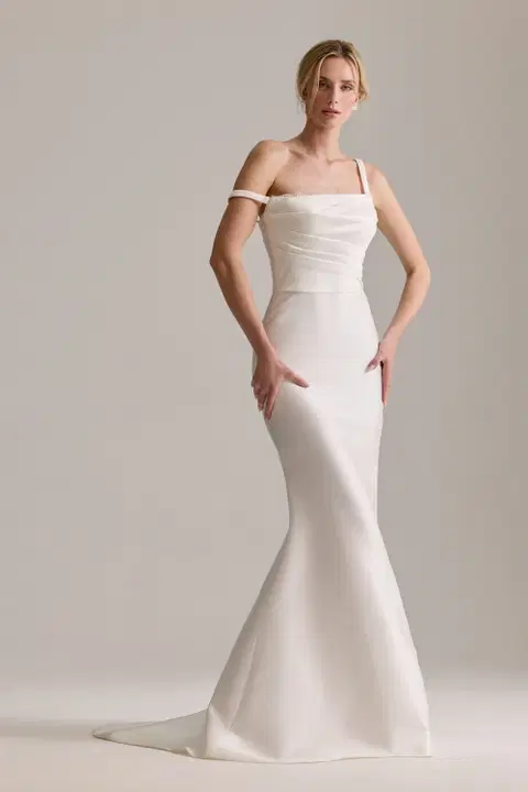 Lucienne wedding dress by Josephine Scott, trumpet, satin