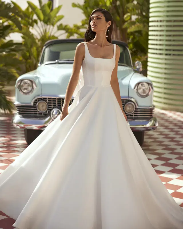 Julee by Luna Novias: Ball Gown silhouette, square neckline, sleeveless, mikado