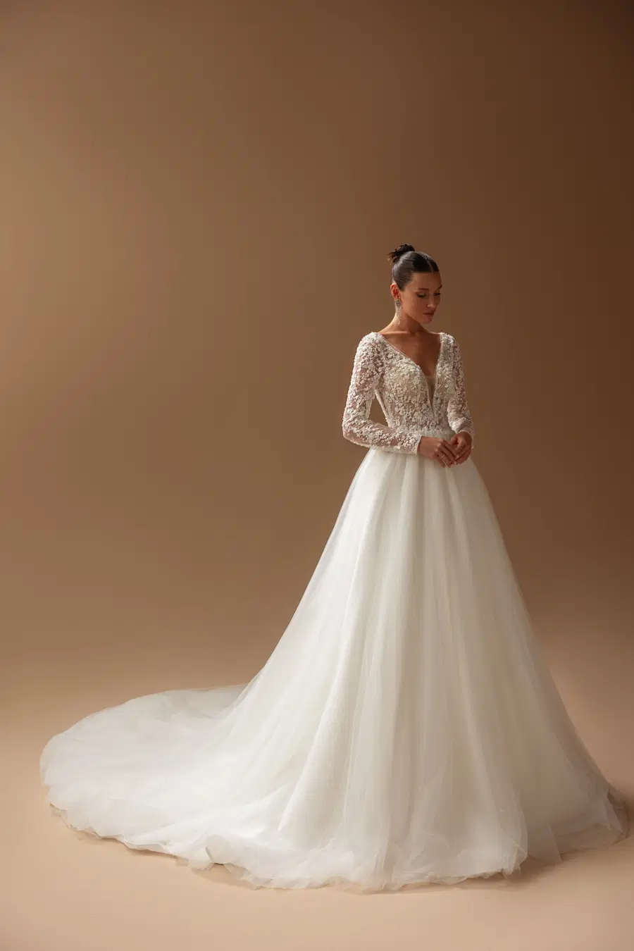 Blessing by Ella Novia: Ball Gown silhouette, deep V-neck neckline, long sleeves, lace