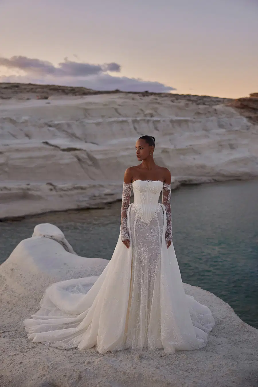 Milos by Eva Lendel: Fit & Flare silhouette, semi sweetheart neckline, long sleeves, lace