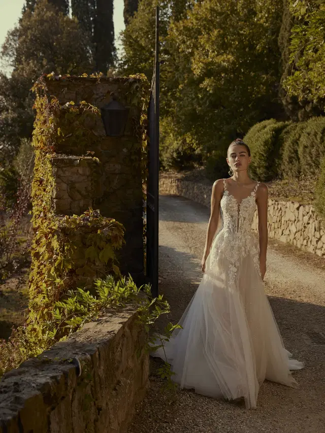Dafna by Modeca Bridal: A-Line silhouette, V-neck neckline, lace, sweep / brush train