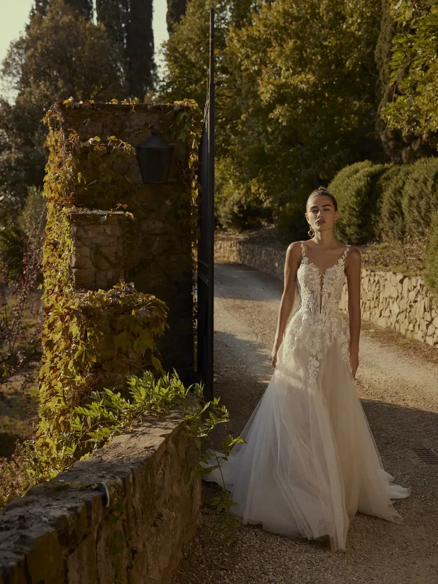 Dafna by Modeca Bridal: A-Line silhouette, V-neck neckline, lace, sweep / brush train