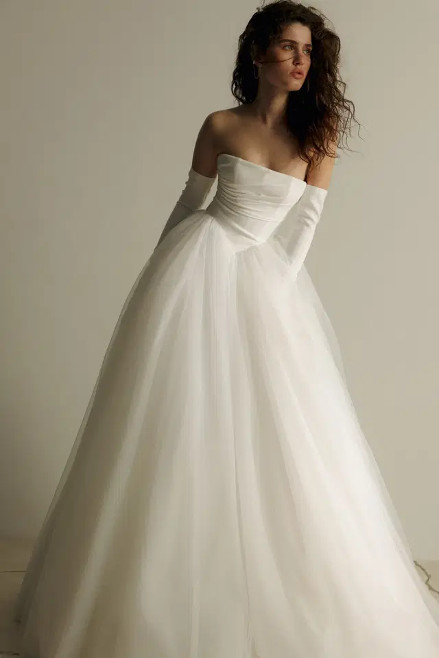 Bowie by Eva Lendel: Ball Gown silhouette, straight neckline, long sleeves, crepe
