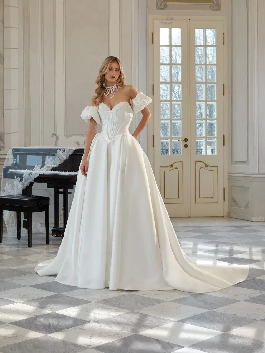 Katie by Vanilla Sposa: Ball Gown silhouette, sweetheart neckline, separate sleeves, mikado