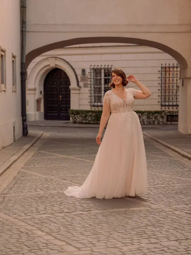 LO-471T by Agnes: A-Line silhouette, V-neck neckline, short sleeves, tulle