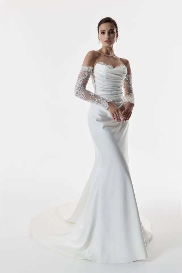 Abigail by Josephine Scott: Mermaid silhouette, cat eye neckline, separate sleeves, lace
