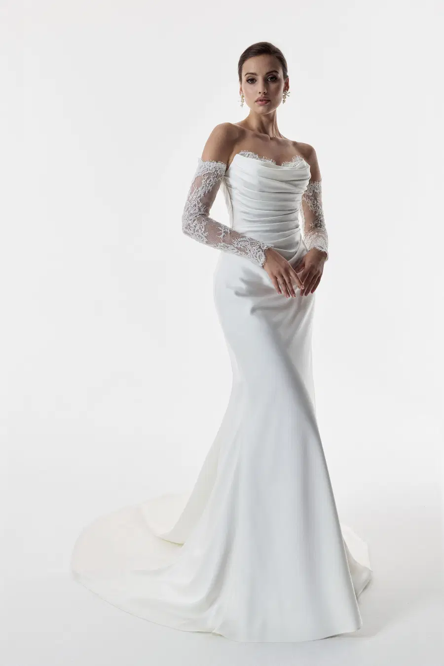 Abigail by Josephine Scott: Mermaid silhouette, cat eye neckline, separate sleeves, lace