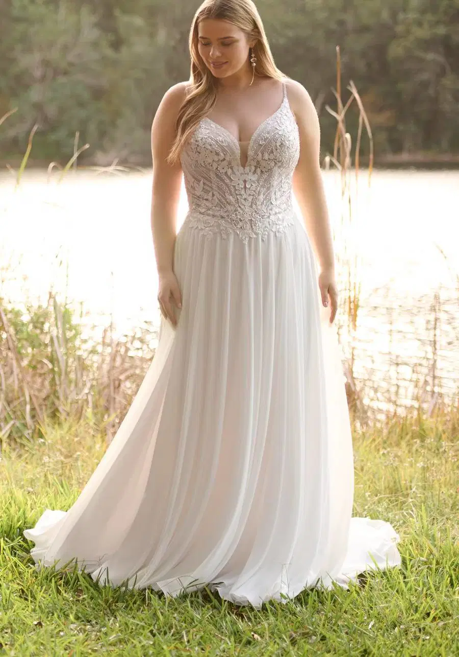 Finley by Rebecca Ingram: A-Line silhouette, deep V-neck neckline, sleeveless, chiffon