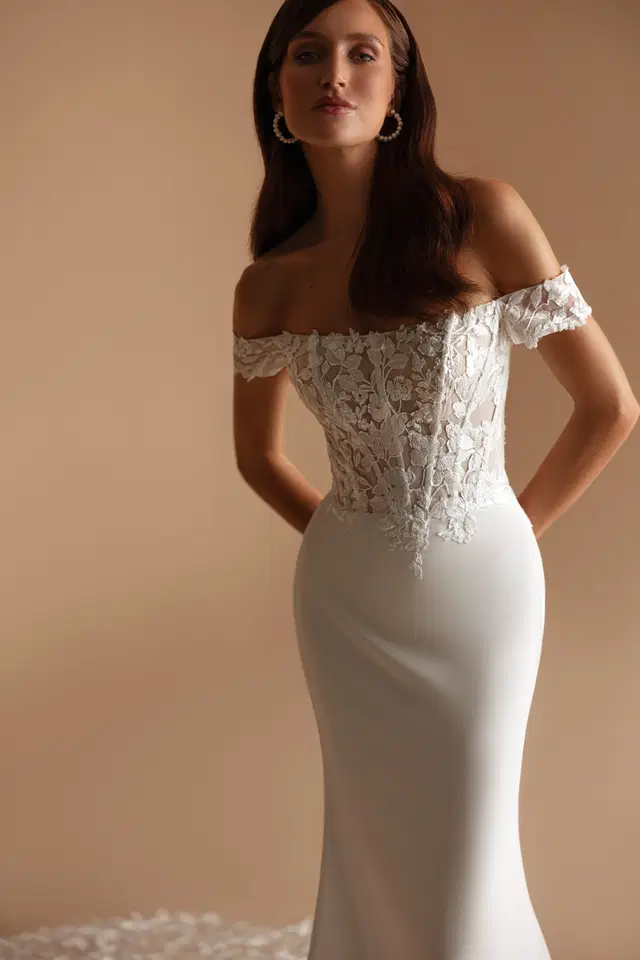 Madison by Ella Novia: Mermaid silhouette, off-shoulder neckline, short sleeves, lace