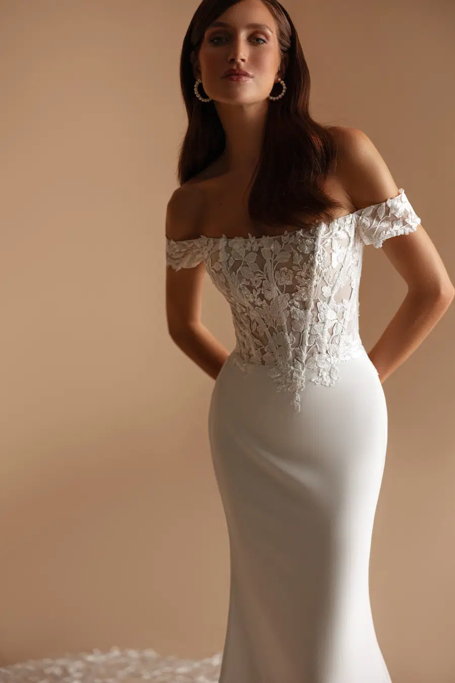 Madison by Ella Novia: Mermaid silhouette, off-shoulder neckline, short sleeves, lace
