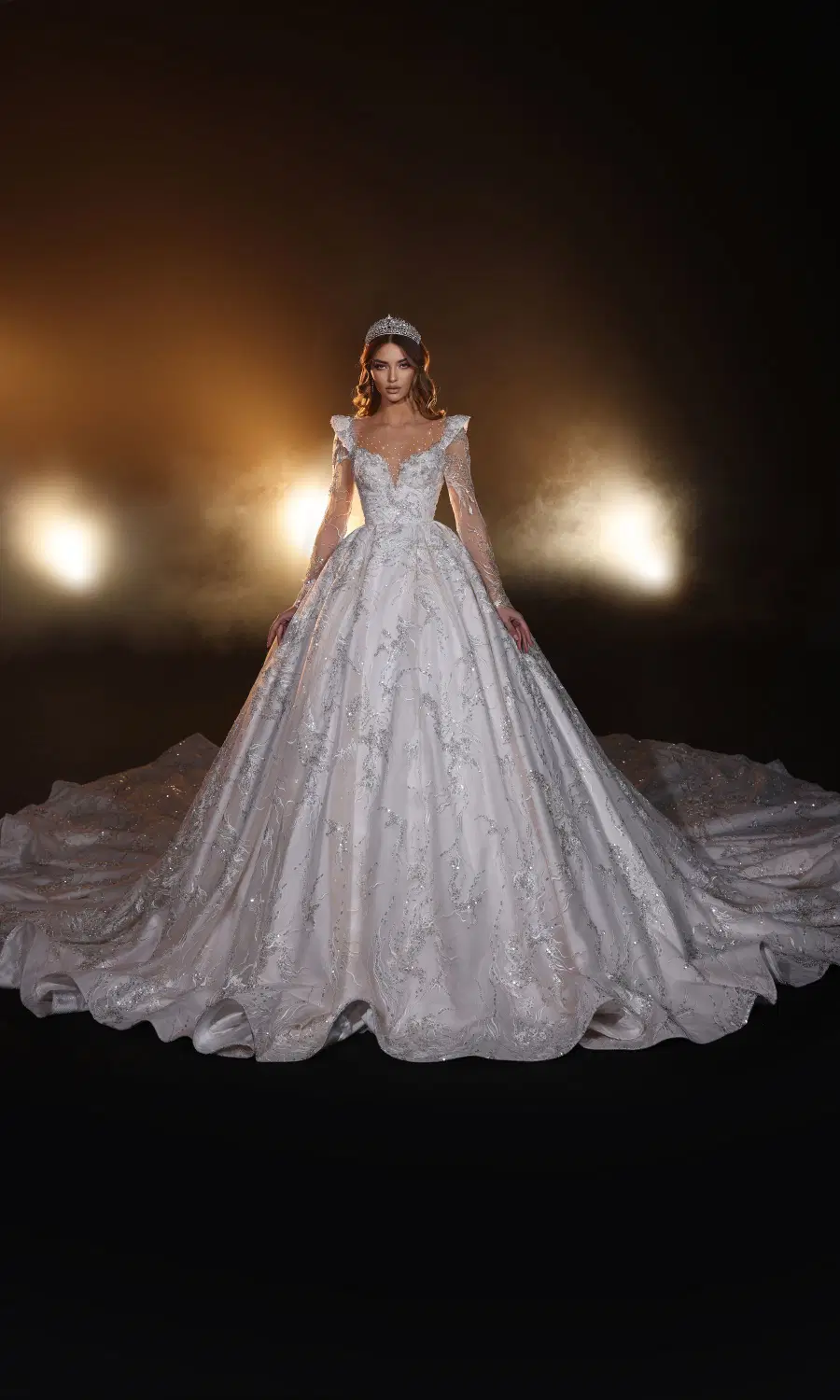 R 24-009 by Ricca Sposa: Ball Gown silhouette, illusion neckline, long sleeves, satin